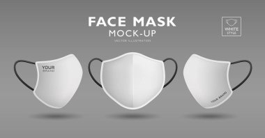 Yüz maskesi kumaş beyaz renk ön ve yan maketi, gerçekçi şablon tasarımı, beyaz arkaplanda izole edilmiş, Eps 10 vektör illüstrasyonu