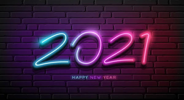 2021 Neon Light Number Feliz Ano Novo Design Parede Bloco —  Vetores de Stock