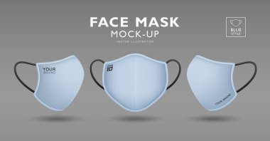 Yüz maskesi mavi renk kumaş modeli, ön ve yan, beyaz arkaplanda izole edilmiş gerçekçi şablon tasarımı, Eps 10 vektör illüstrasyonu