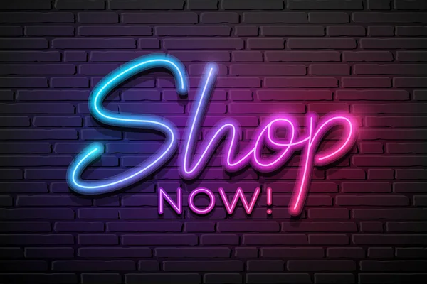 Shop Now Message Neon Light Colorful Design Block Wall Black — Stockový vektor