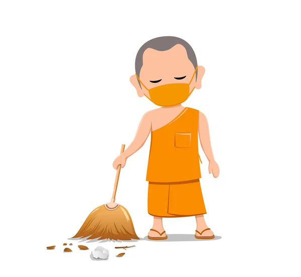 Thai Monk Put Face Mask Virus Protection Holding Broom Leaf — Stock Vector