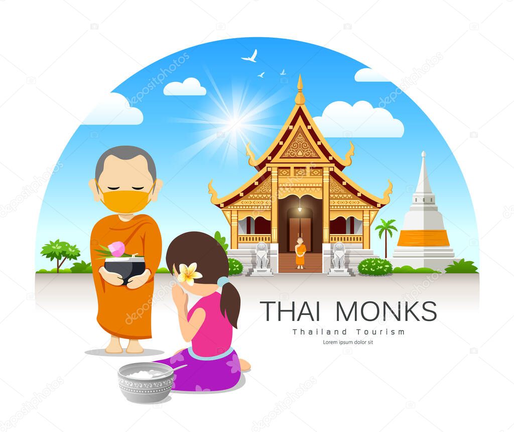 Women offering alms to Thai monks put face mask, on thailand temple pagoda cloud and sky design background, vector Eps 10 illustration