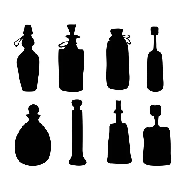 Conjunto de mano dibujado negro silueta botellas vector ilustración — Archivo Imágenes Vectoriales