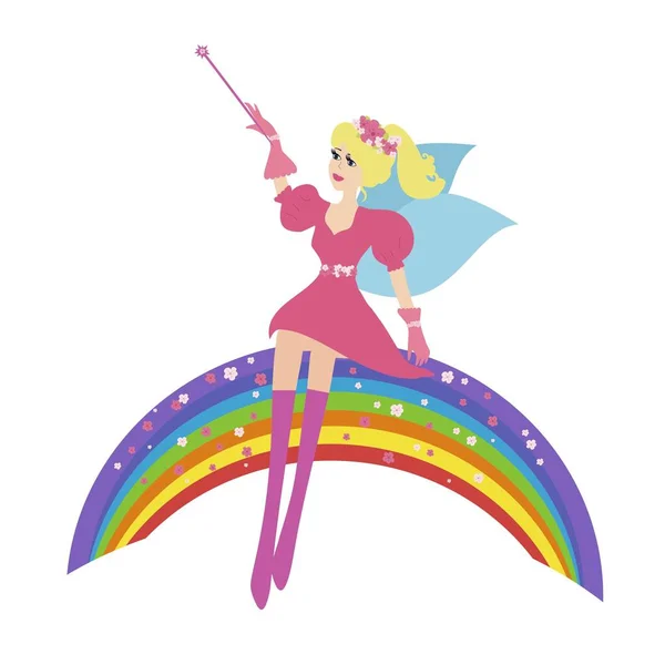 虹の上に座っている魔法の杖で漫画の妖精 — ストックベクタ