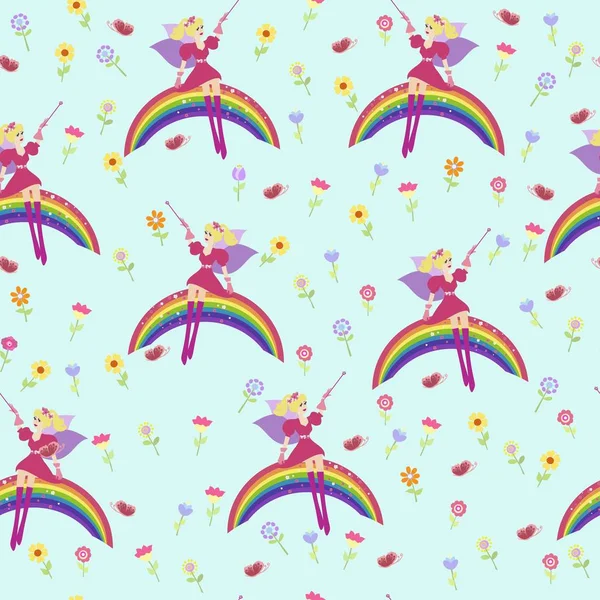 Fondo vectorial Hada sobre un raibow. Patrón sin costuras hadas . — Vector de stock