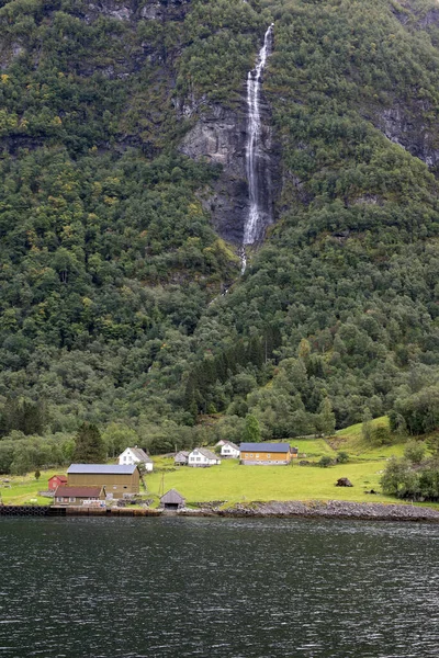 Nogwegian Farm Fuße Des Berges Gudvangen Fjord Gegen Den Wasserfall lizenzfreie Stockbilder