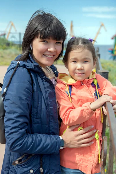Chukchi Mother Daughter Smiling Camera Stock Photo