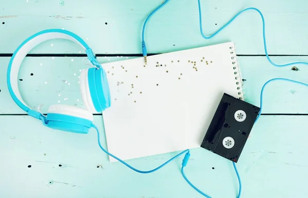 Blue Earphones Retro Cassette Blanket Notebook Pastel Blue Background — Stock Photo, Image