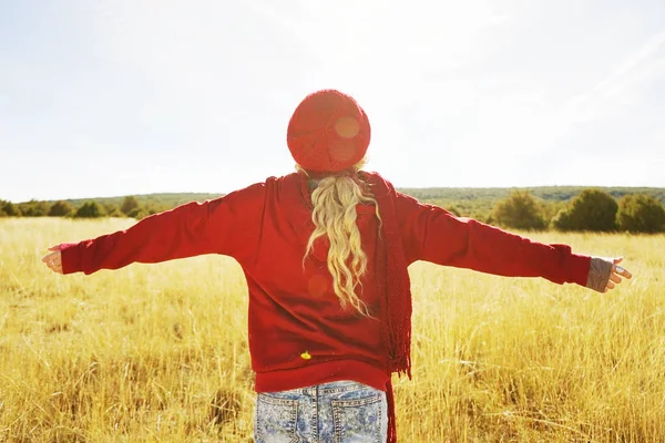 Back View Young Blonde Woman Red Sweater Beret Raised Arms — Stok Foto