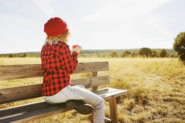 Young Woman Red Plaid Shirt Wool Cap Scarf Taking Cup — Stok Foto