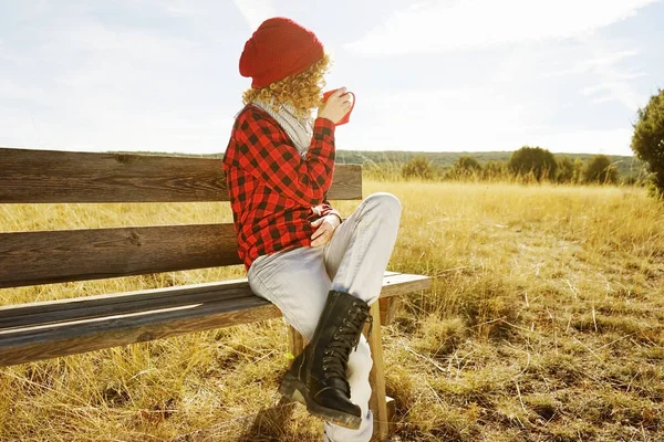 Young Woman Red Plaid Shirt Wool Cap Scarf Taking Cup — Stok Foto