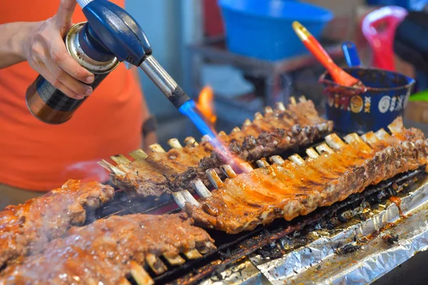 Roasting Barbecue Pork Ribs Stove Flame — Stock Photo, Image