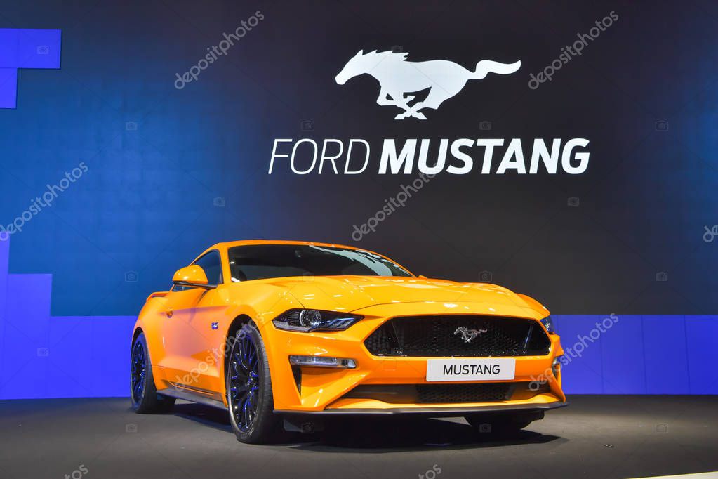 NONTHABURI - NOVEMBER 28: Ford Mustang car on display at The 35th Thailand International Motor Expo on November 28, 2018 in Nonthaburi, Thailand.