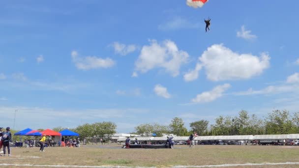 Slow Motion Parachutist Estaba Aterrizando Objetivo Accuracy Landing Durante Competencia — Vídeo de stock