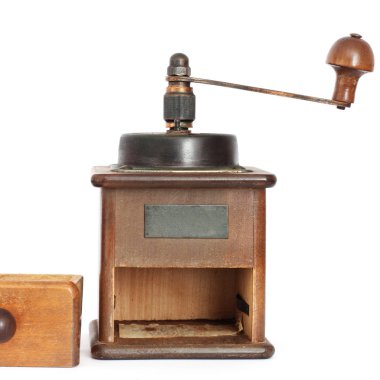 Beyaz bir arka plan üzerinde el ile kahve değirmeni. Antiquary.