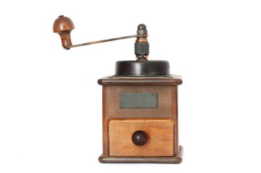 Beyaz bir arka plan üzerinde el ile kahve değirmeni. Antiquary.