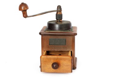 Beyaz bir arka plan üzerinde el ile kahve değirmeni. Antiquary.