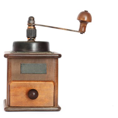 Beyaz bir arka plan üzerinde el ile kahve değirmeni. Antiquary.