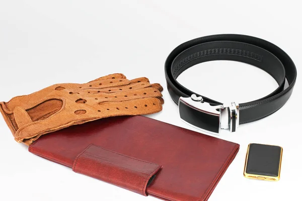 Set Hombres Accesorios Para Hombres Cartera Guantes Cinturón — Foto de Stock