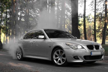 Kiev, Ukrayna - 12 Eylül 2018: Bmw yolda ormandaki