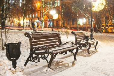 Kış park banklar. Gece şehir