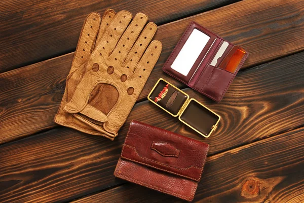 Male Set Men Accessories Leather Gloves Matches Bag Hairbrush Mirror — Stock Photo, Image