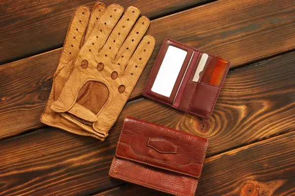 Male Set Men Accessories Leather Gloves Bag Hairbrush Mirror — Stock Photo, Image