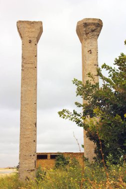 Mahvetmek. Girişte eski sütunlar. Arka plan