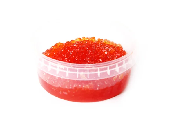 Caviar Rouge Dans Récipient Plastique Sur Fond Blanc Stockage Caviar — Photo