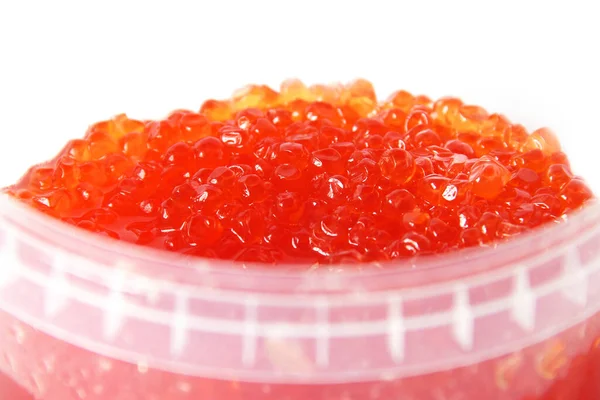 Caviar Rouge Dans Récipient Plastique Sur Fond Blanc Stockage Caviar — Photo