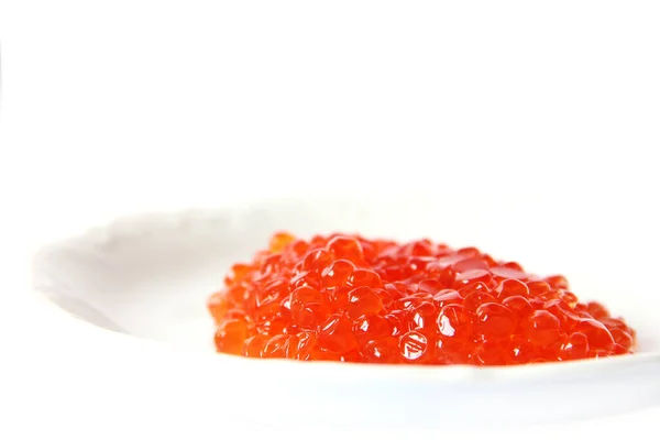Caviar Rouge Sur Une Plaque Blanche Sur Fond Blanc Fruits — Photo