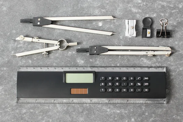 Calculator Ruler Compass Sharpener Stationery Clip Stationery Gray Background — Stock Photo, Image