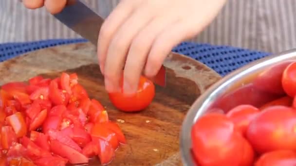 Skivning Tomat Närbild Flickan Skär Tomaterna Tomater Och Kniv Matlagning — Stockvideo