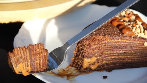 Tranche Gâteau Crêpe Près Gâteau Fourchette — Video