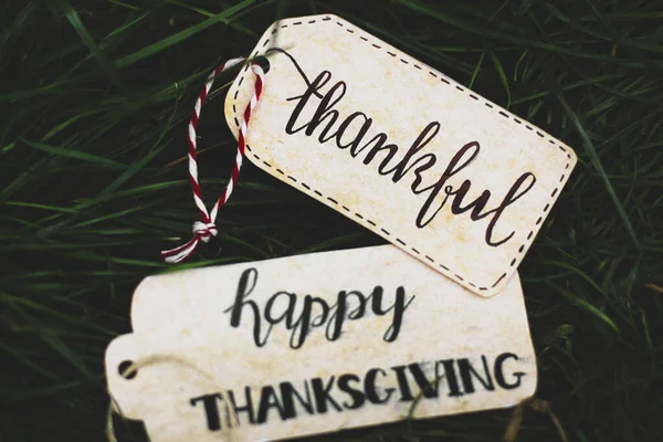 Die Inschrift Happy Thanksgiving Und Dankbar Auf Dem Hintergrund Von — Stockfoto