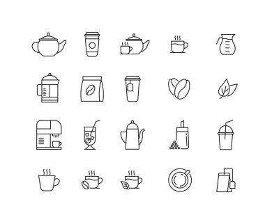 PrintSet of Coffee and Tea Vector Line Icons. Icons of cup of tea or coffee, teabags, coffee beans, green tea, a pitcher of water, sugar.Editable Stroke. Linear style.