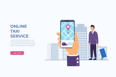 Kamu taksisi mobil uygulama kavramı. El ele tutuşan akıllı telefon ve taksi uygulaması sergileniyor.