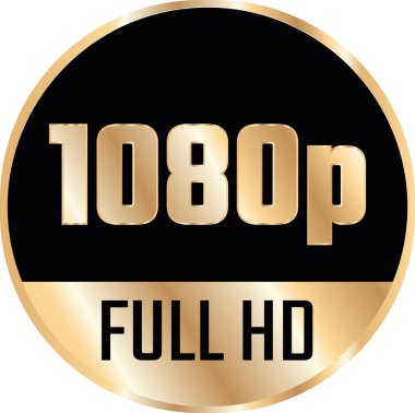 Altın 1080p Full HD etiketi beyaz arkaplanda izole edildi. Yüksek çözünürlüklü Simge logosu; Yüksek çözünürlüklü TV / Oyun ekranı izleyici vektör etiketi.
