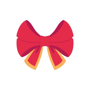 Kırmızı vektör yayı. Kırmızı karikatür vektörü kırmızı etiket ile kurdele saten papyonlar xmas hediyeleri, mevcut kartlar ve beyaz arkaplanda izole edilmiş lüks paket