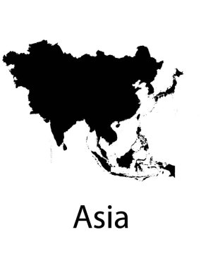 Asya 'nın Düz Siyah Haritası Ülke Sınırları Olmayan Beyaz Arkaplanda ve Etiketli
