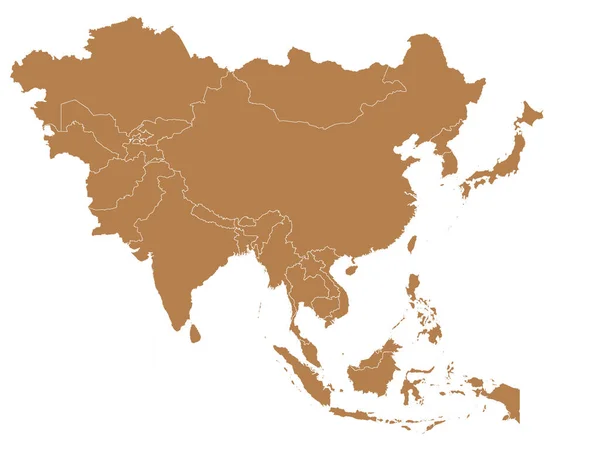 Beyaz Arkaplanda Ülke Sınırlarında Düz Kahverengi Asya Haritası — Stok Vektör