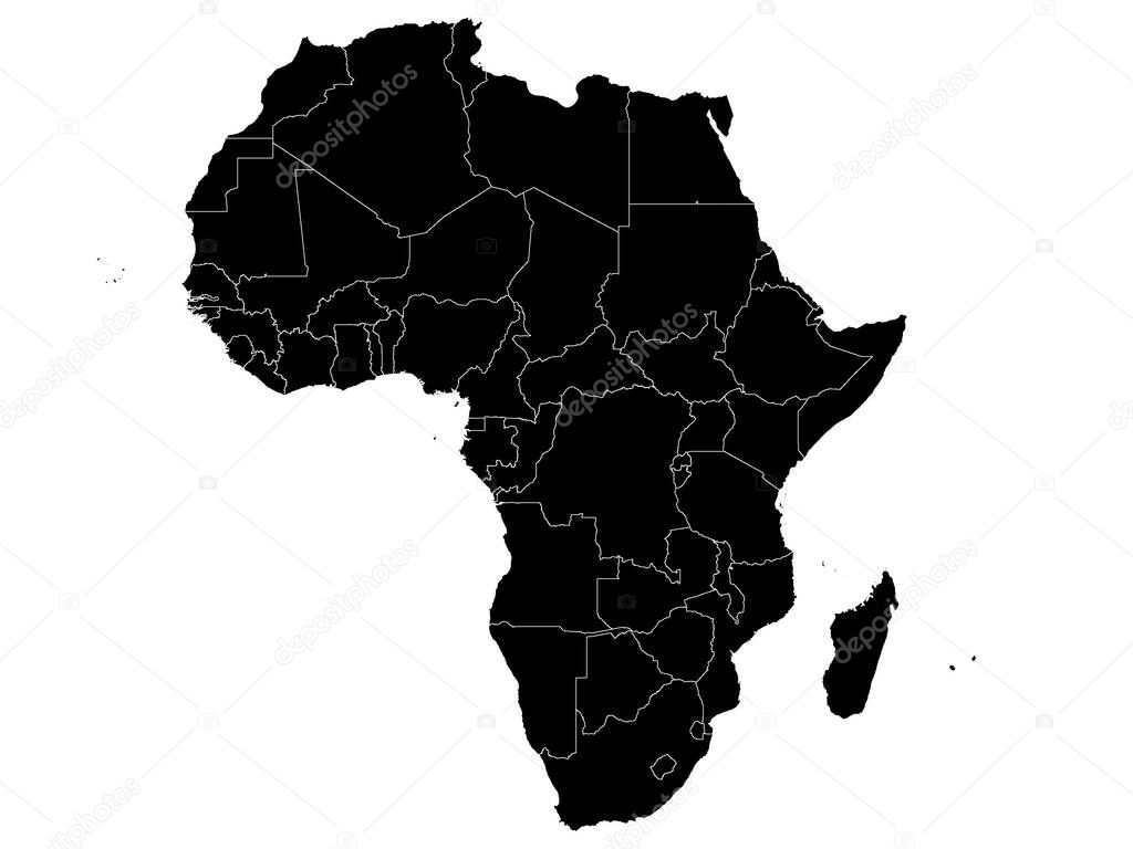 Flat Black Map of Africa on White Background With National Country Borders