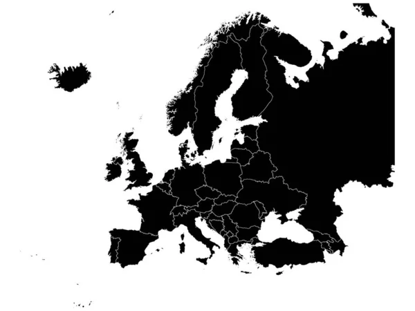 Plochá Černá Mapa Evropy Bílém Pozadí Národními Hranicemi — Stockový vektor