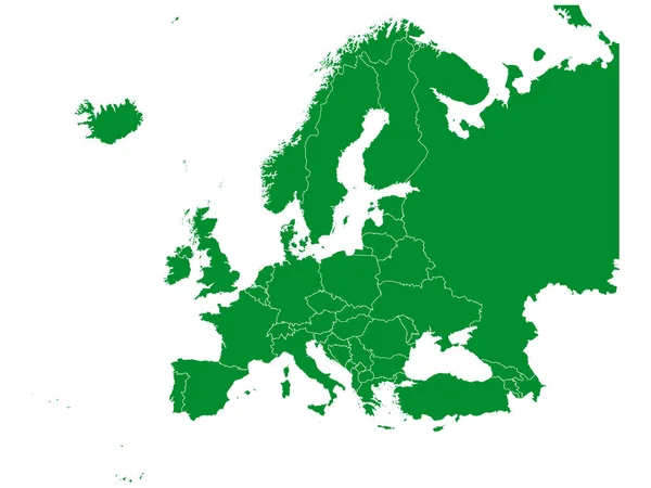 Plochá Zelená Mapa Evropy Bílém Pozadí Národními Hranicemi — Stockový vektor