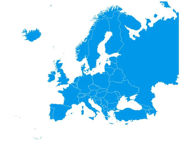 Mappa Blu Piatta Dell Europa Sfondo Bianco Con Frontiere Nazionali — Vettoriale Stock