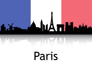 Şehir Manzarasının Siyah Silueti Paris, Fransa Ulusal Bayrağı Arkaplanlı Panorama Yansıması