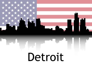 Detroit, Michigan 'ın Ulusal Bayrağıyla Siyah Şehir Manzarası Panorama Yansıması