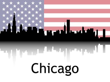 Şikago, Illinois 'in Ulusal Bayrağı Altında Siyah Siluet Panorama Yansıması