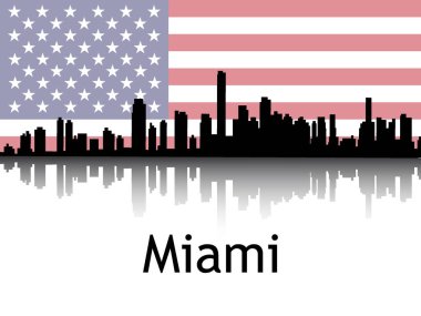 Miami, Florida 'nın Ulusal Bayrağı Altında Siyah Siluet Panorama Yansıması