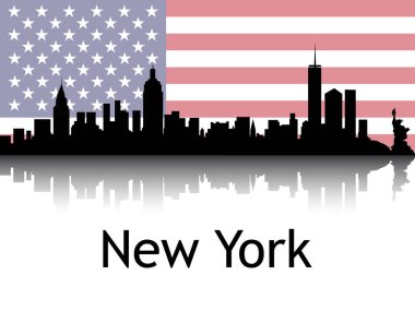 New York City, New York 'un Ulusal Bayrağı Altında Siyah Siluet Panorama Yansıması